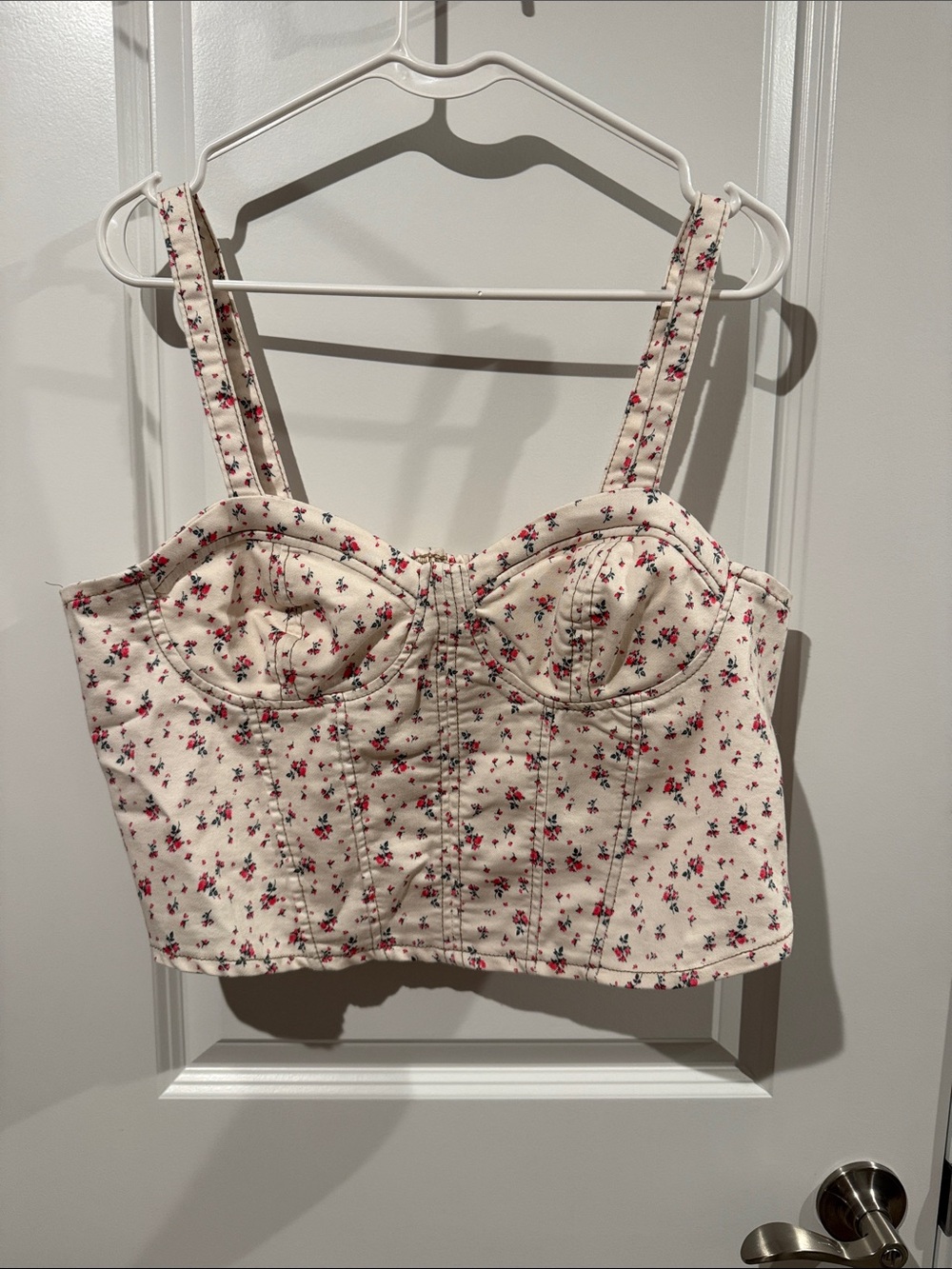 Floral Bustier Crop Top in Cream with Pink/Red Flowers